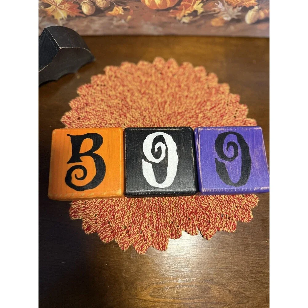 Halloween Decor BOO Wooden Block Handmade Set Primitive Farmhouse Tiered Rustic
